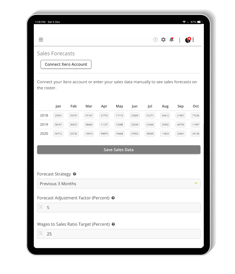 tablet showing sales forecast page in Rosterit