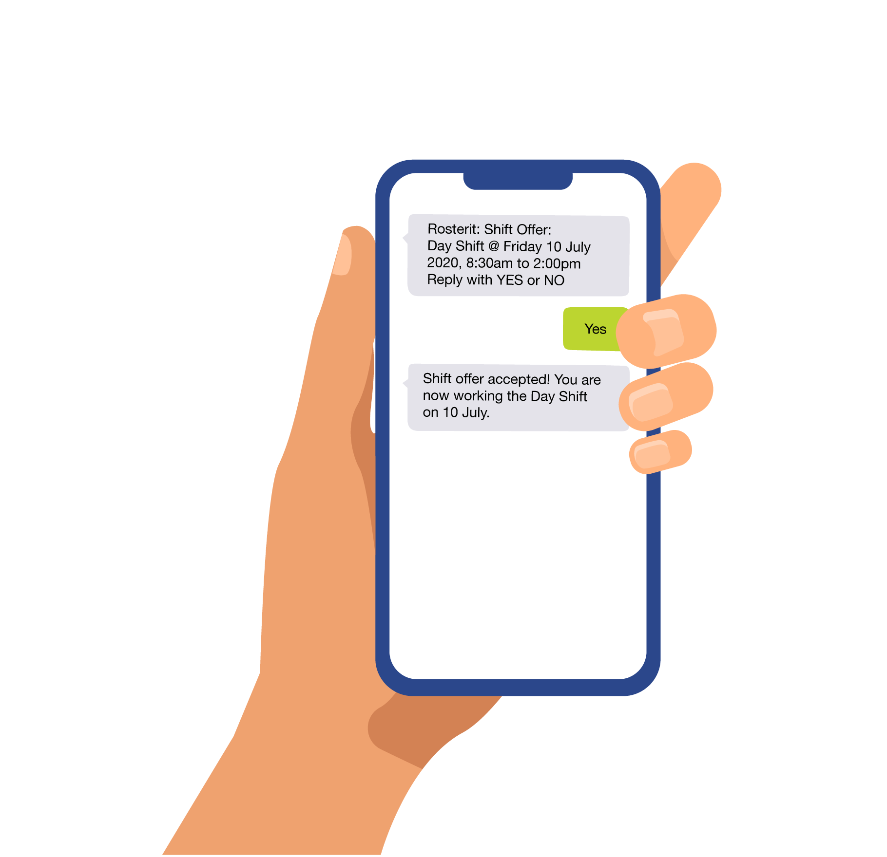 illustration of hand holding mobile phone with text messages